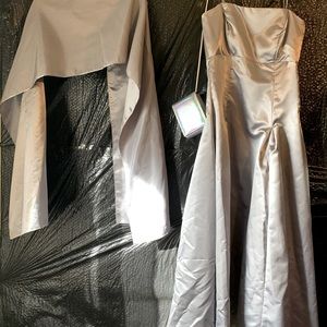 Full length gown with shoulder wrap and purse.